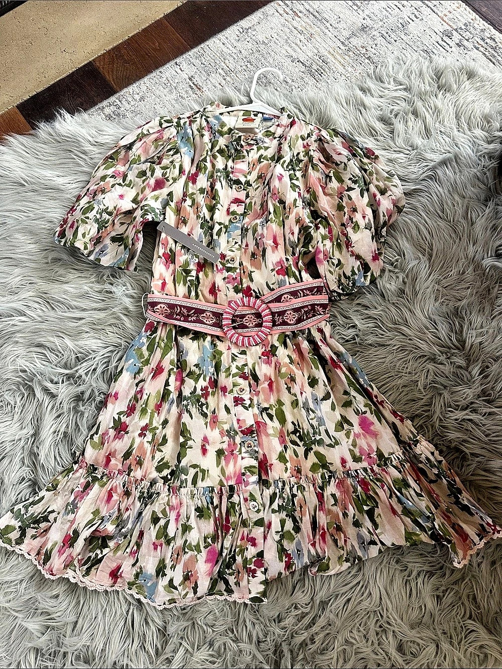 🌺🌺NEW FARM Rio for Anthropologie Beaded-Belt Mini Shirtdress Pink & Green Small - Picture 3 of 8